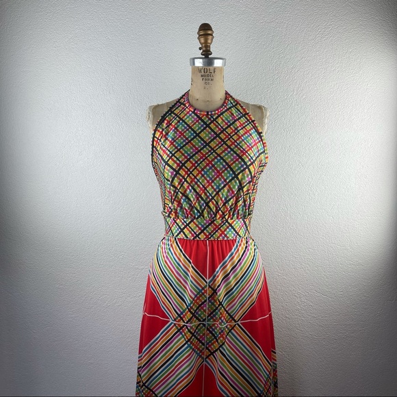 Vintage l 70s S Claire Larabee Colorful Rainbow Plaid Striped Halter Maxi Dress